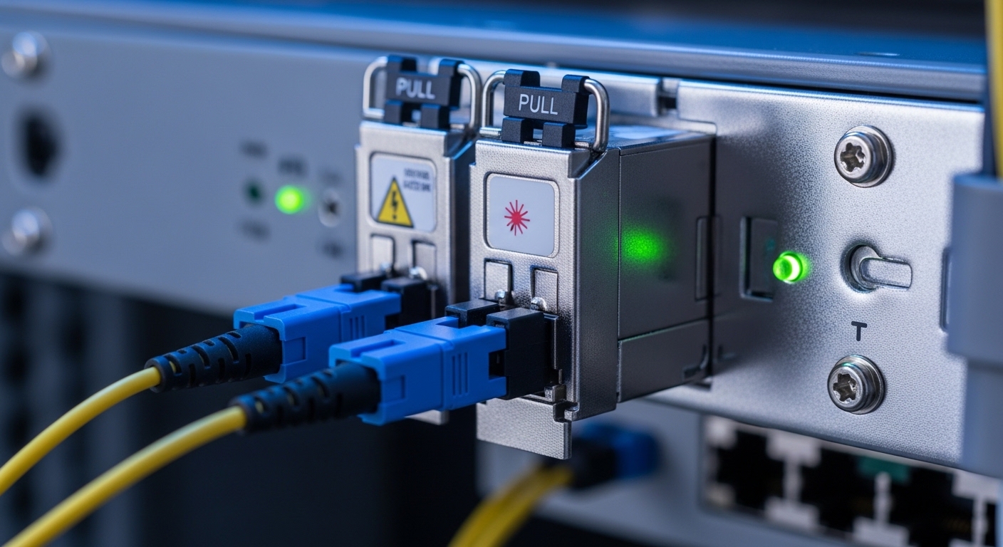 Macro photography of a pluggable SFP transceiver module with LC fiber connectors in the foreground, mounted on a metal indust