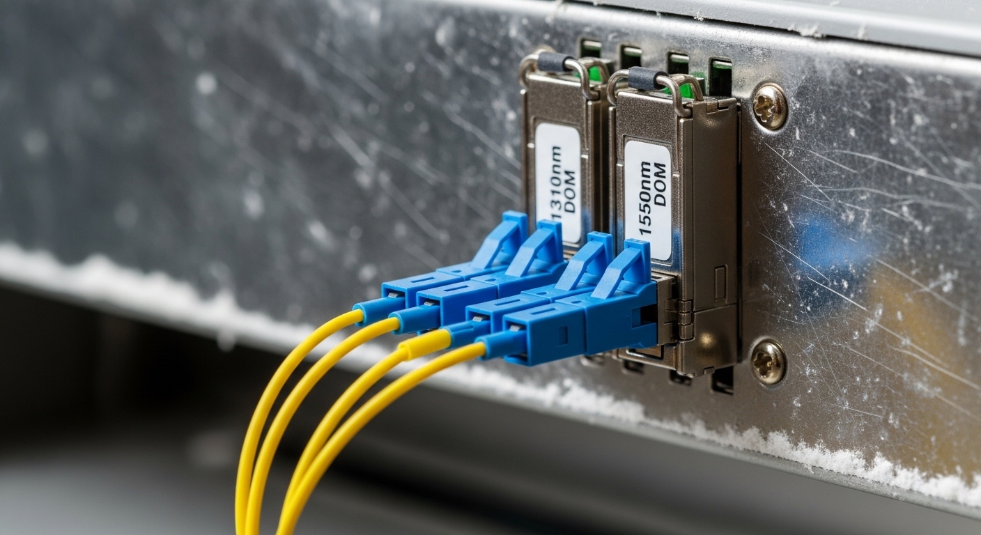 Close-up macro photography of an industrial Ethernet switch SFP cage inside a metal cabinet, showing two LC fiber connectors 