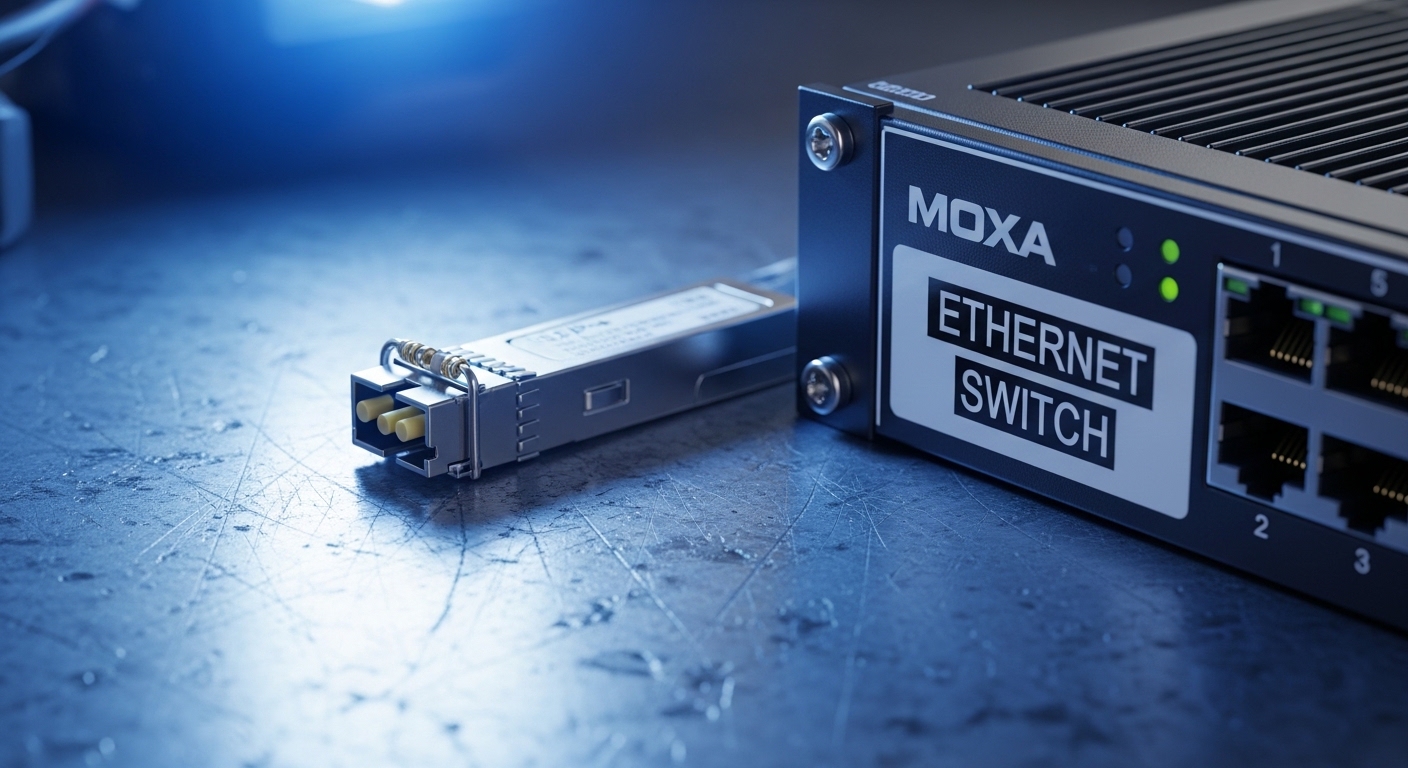 Hyper-realistic product photography of an SFP+ 10GBASE-SR module with LC connector on a workbench, beside a labeled Moxa-styl
