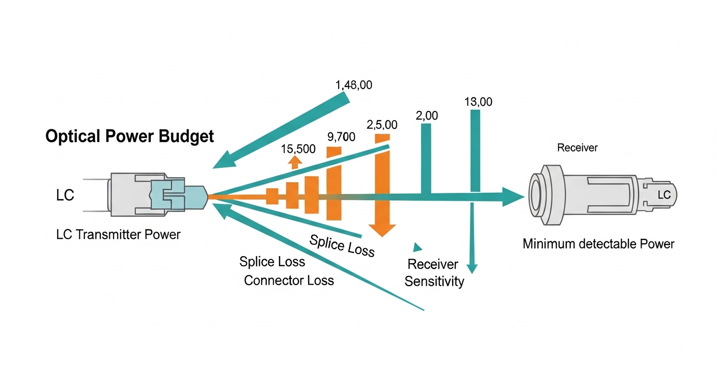 Clean-room style illustration showing an optical power budget diagram, with colored arrows representing transmitter power, sp