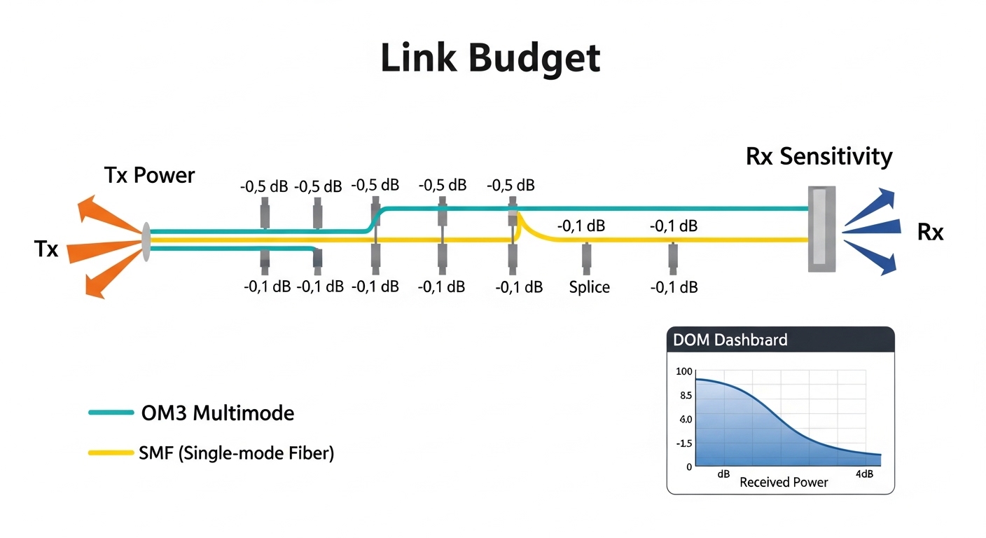 Concept illustration in clean vector style showing a link budget diagram: a fiber link with OM3 and SMF paths, orange arrows 