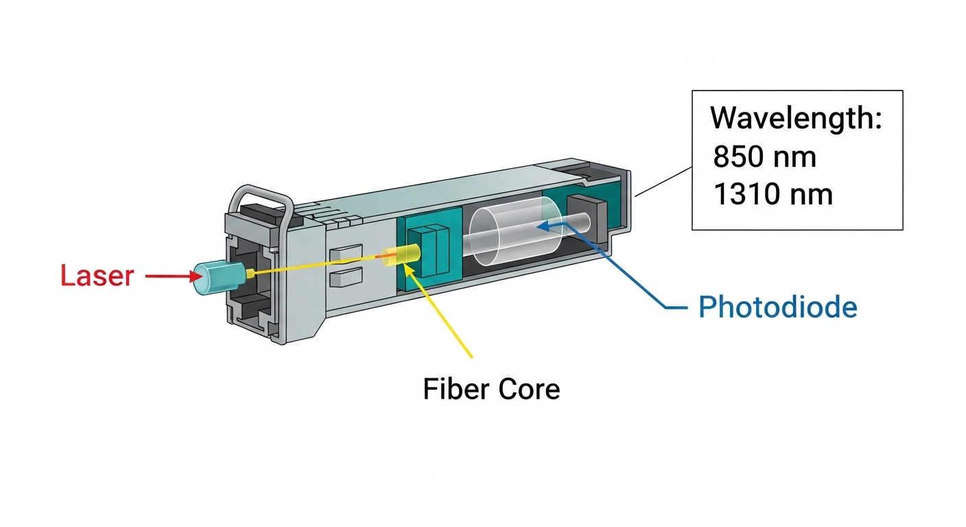 Technical illustration showing an SFP module cross-section with labeled optical path arrows (laser, fiber core, photodiode), 