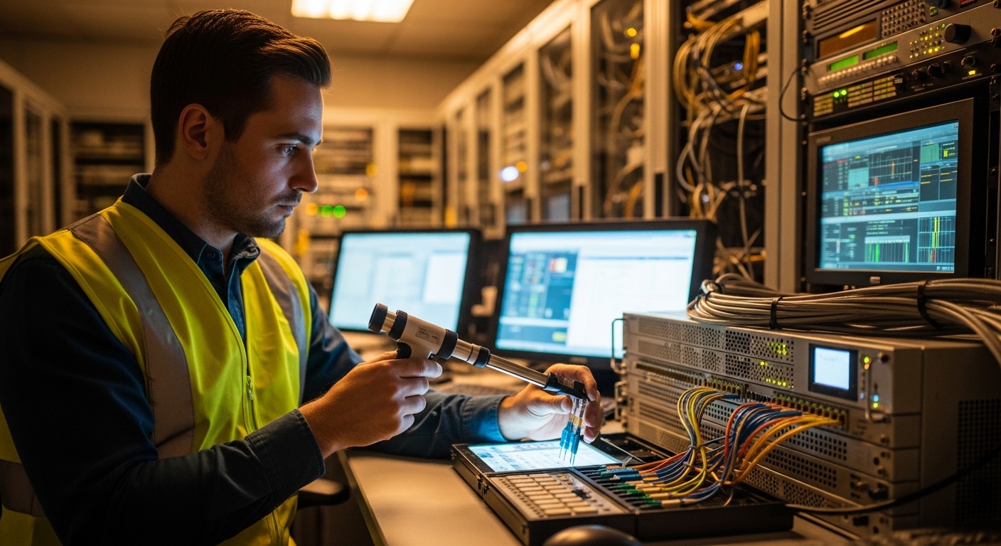 Photographic lifestyle scene of a field engineer in a safety vest in an industrial control room, holding a fiber inspection s