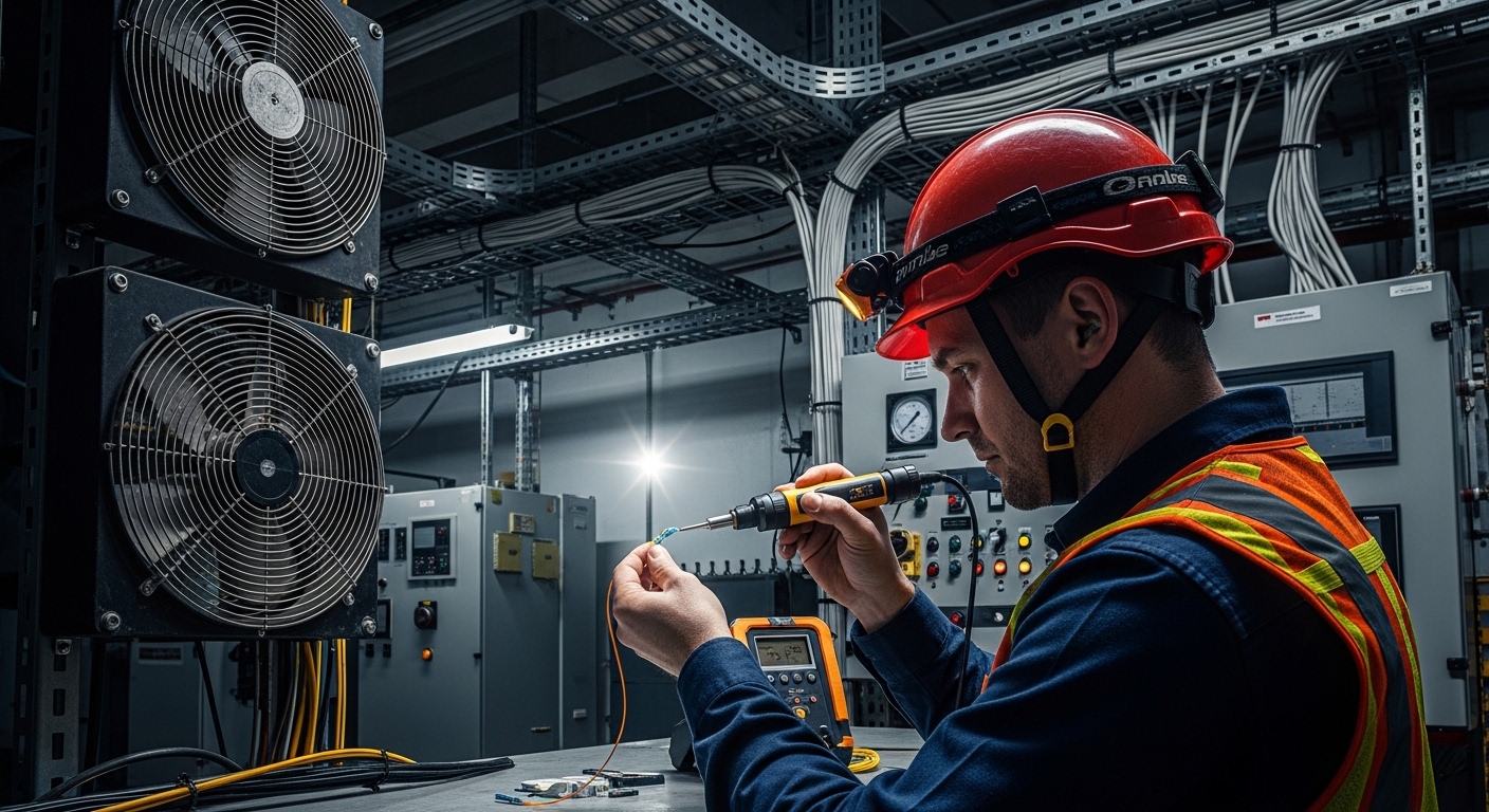 Lifestyle scene in a factory electrical room: a field technician in high-visibility gear cleaning an LC fiber connector with 
