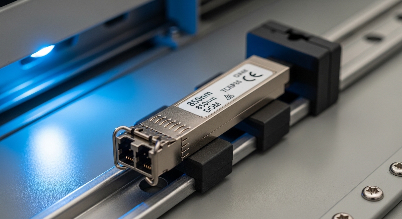 Close-up product photography of an industrial Ethernet SFP transceiver module with a label showing 850nm and DOM indicators, 