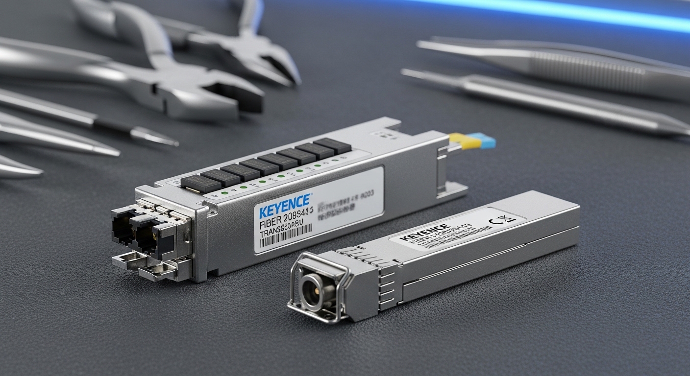 Close-up product photography of a Keyence-style fiber module and an SFP transceiver side-by-side on a workbench, stainless to