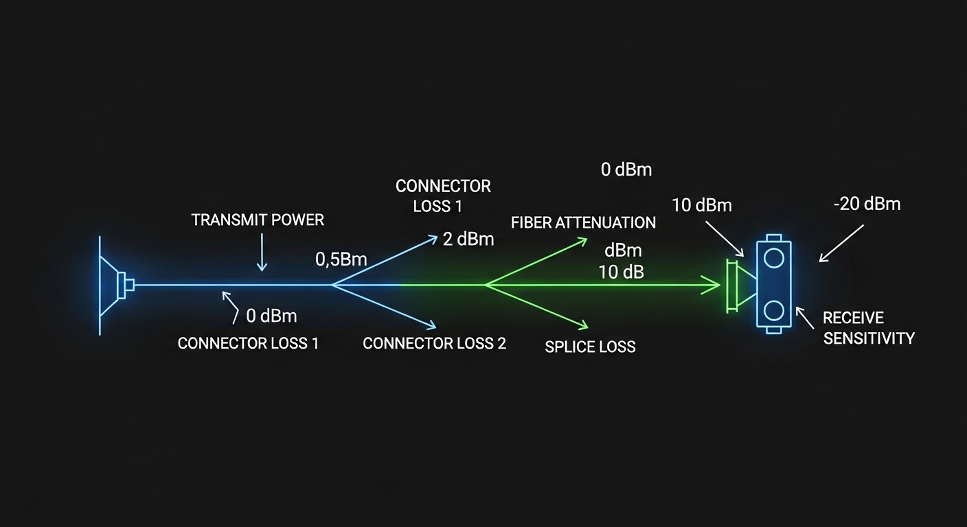 Clean-room style illustration showing an optical link budget diagram, with arrows for transmit power, connector losses, fiber