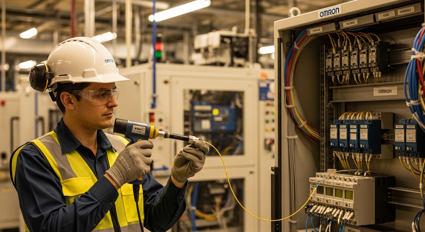 Lifestyle scene of an on-site field engineer wearing PPE and holding a fiber inspection scope, standing in an industrial cont