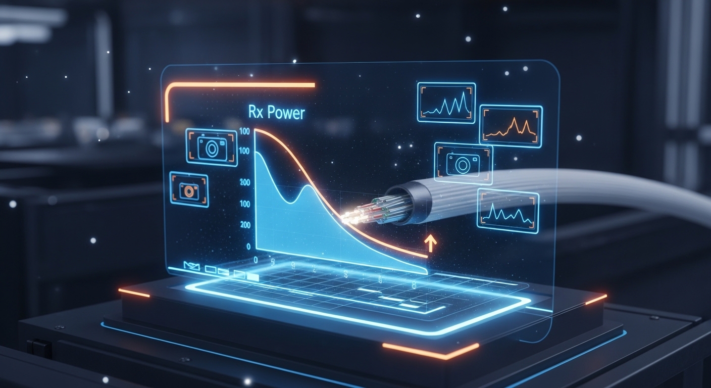 Concept art style scene of a factory network “health dashboard” overlaying a fiber link, showing a glowing graph of Rx power 