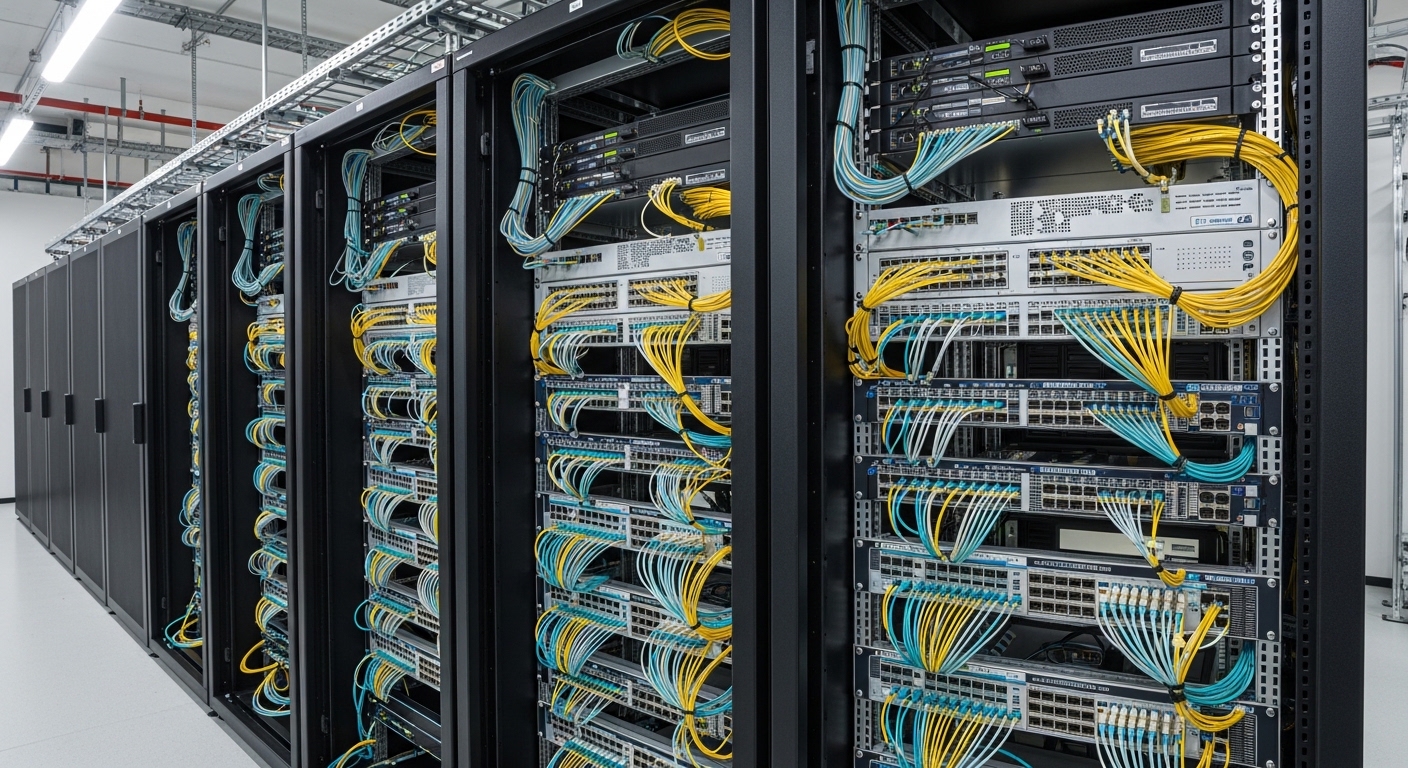 Wide-angle documentary photography of an industrial data center rack row inside a manufacturing facility, showing leaf-spine 