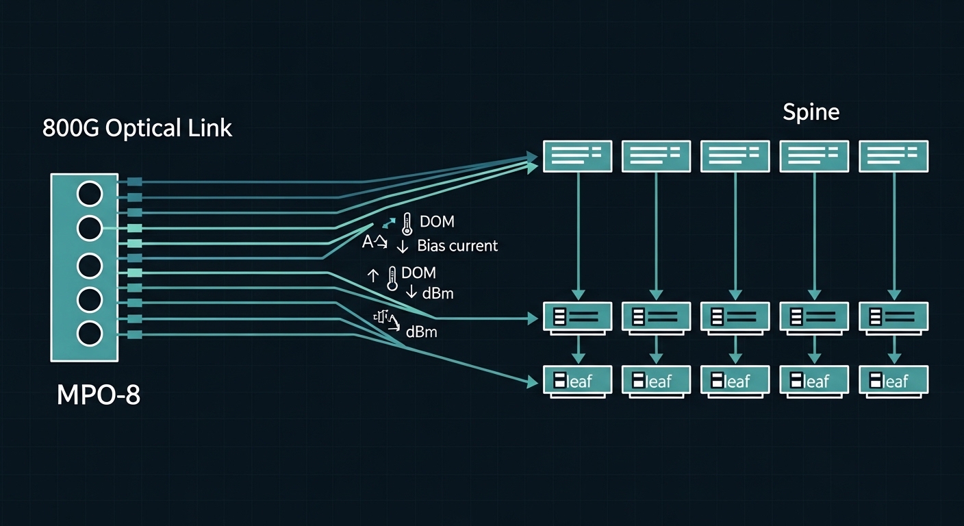 Clean vector illustration of an 800G SR8 optical link diagram, showing an MPO-8 connector, eight parallel lanes, DOM sensors 