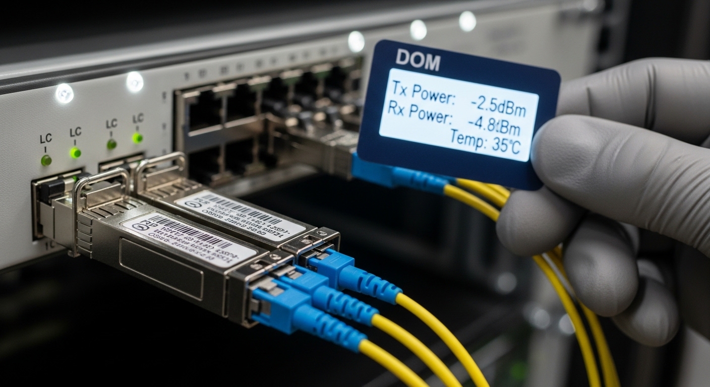Close-up macro photography of two enterprise fiber transceivers plugged into a high-density switch front panel, with a techni