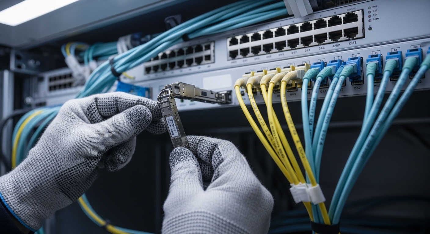 A high-resolution photography scene inside a data center rack: a technician wearing ESD-safe gloves holds an SFP+ transceiver