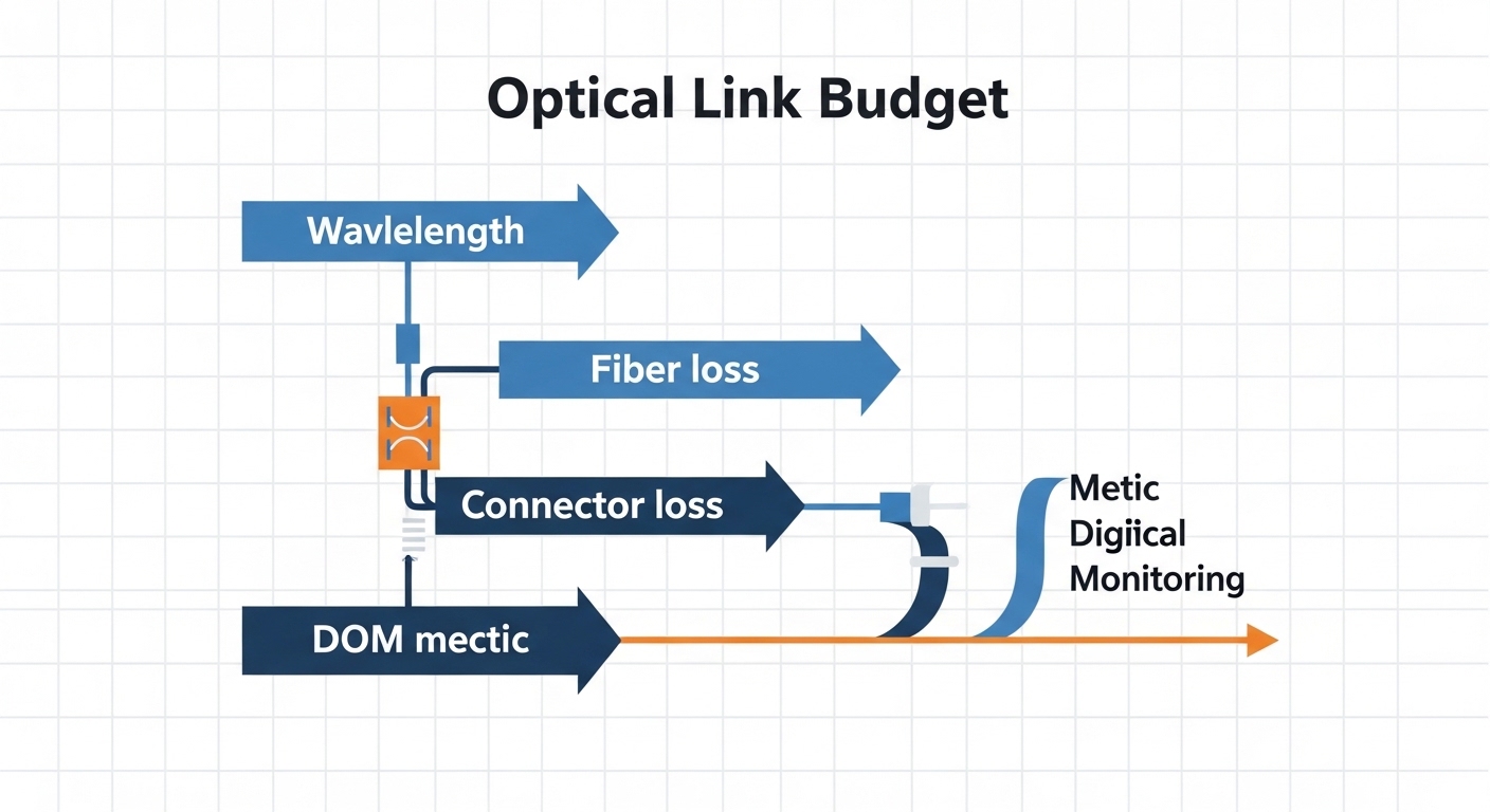 Minimalist vector illustration showing an optical link budget diagram with arrows for wavelength, fiber loss, connector loss,