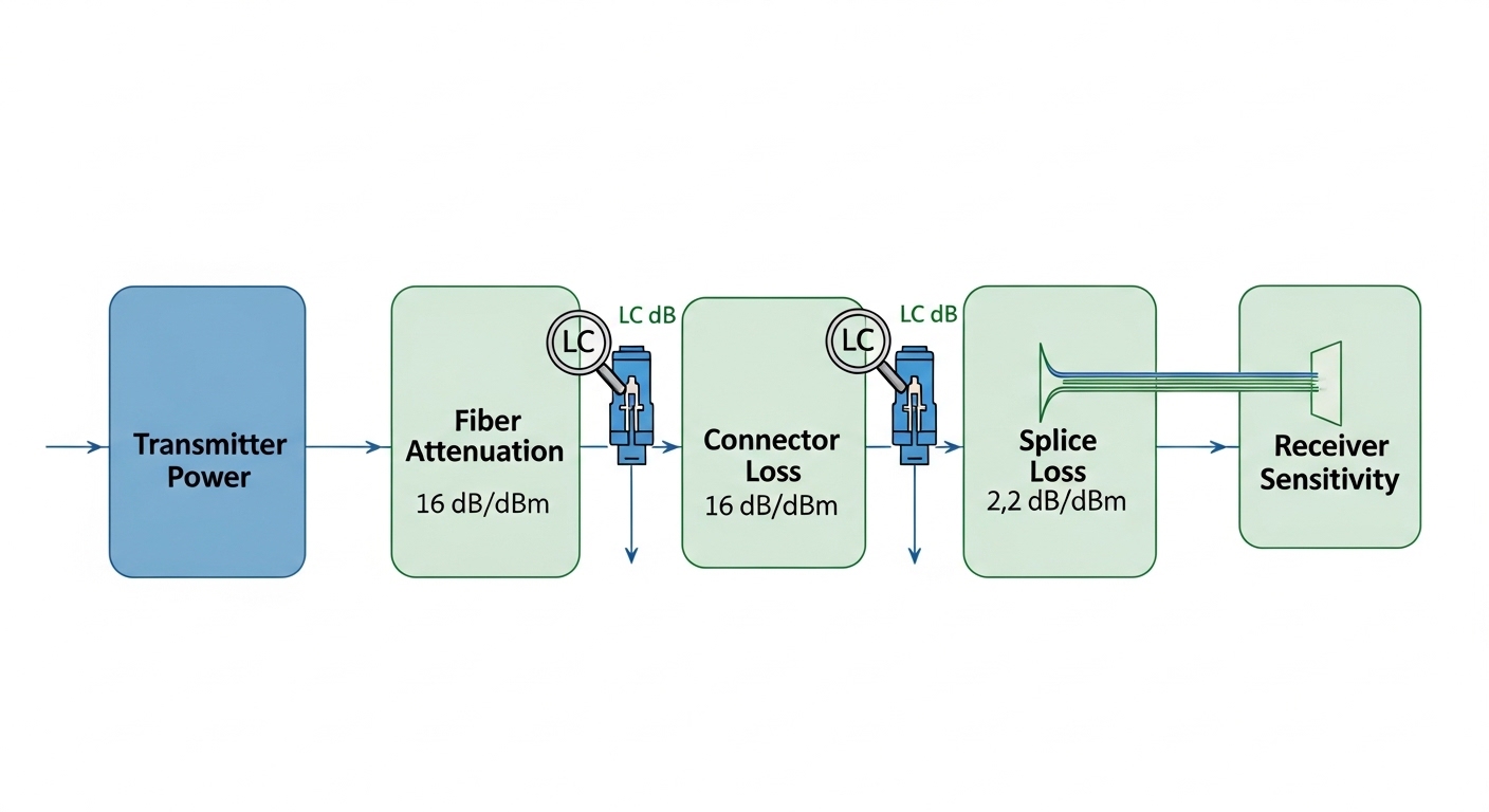 An educational illustration using vector graphics: a top-down diagram of an optical link budget with labeled boxes for transm