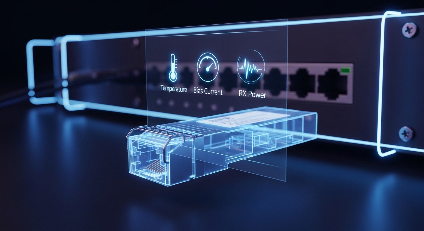 Concept art style scene: a transparent 3D hologram overlay showing an SFP module with glowing sensor icons labeled for temper