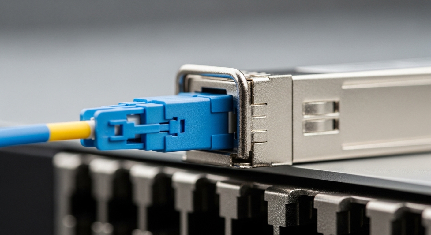 Close-up macro photography of an LC fiber connector plugged into a 10G SFP+ transceiver on a rack shelf, shallow depth of fie