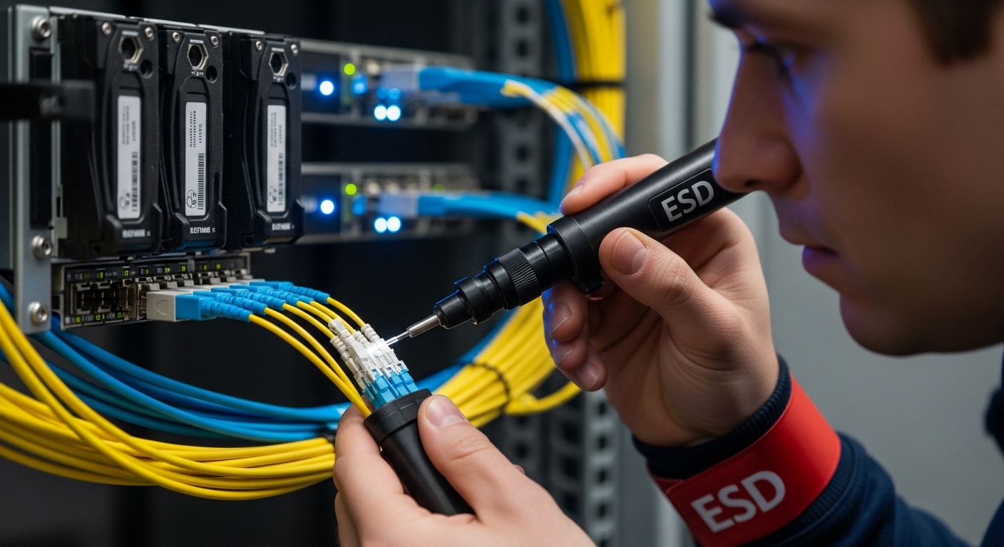 Photorealistic close-up of a telecom rack during fiber acceptance testing, technician wearing ESD strap using a fiber inspect