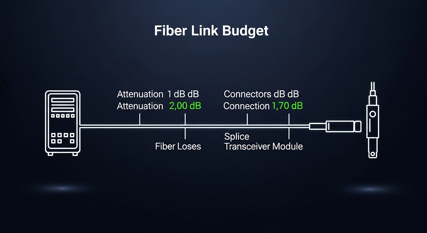 Concept art illustration showing a fiber link budget diagram with labeled dB losses, an edge cabinet icon, and a transceiver 