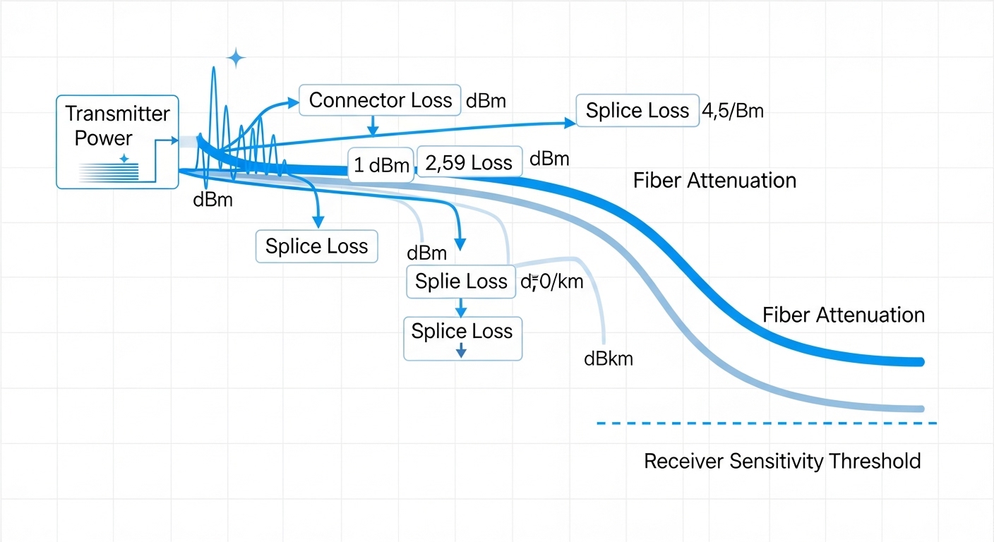 Clean-room style illustration of an optical link budget diagram, animated-looking vector lines showing transmitter power, con