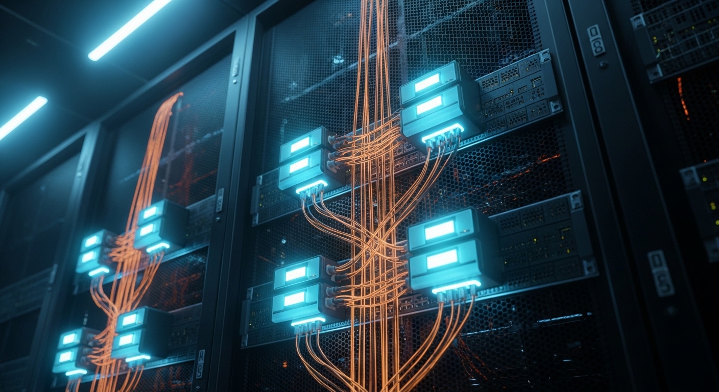 Concept art style scene inside a rack; glowing data streams connect leaf and spine switches, with active modules shown as bri