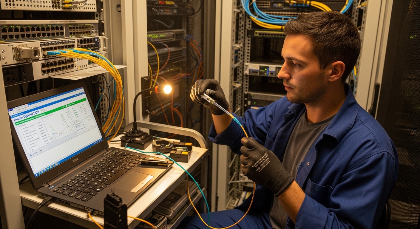 Lifestyle-style photo of a field technician in a small edge data room wearing gloves, using a fiber cleaning kit and checking