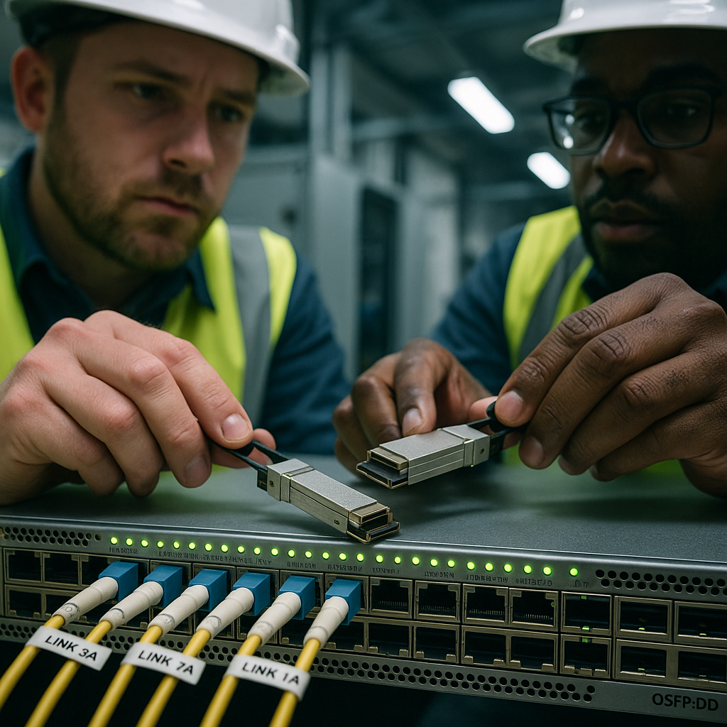 Photorealistic scene inside an industrial equipment room; two network engineers in high-visibility vests installing 800G QSFP