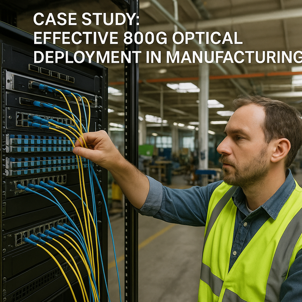 Documentary-style photo of 800G deployment, Case Study: Effective 800G Optical Deployment in Manufacturing, natural lighting,