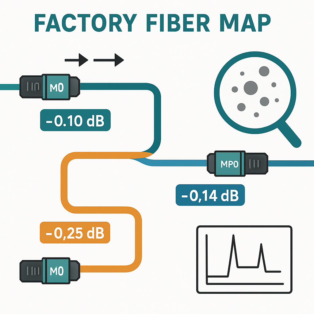 Illustration in clean vector style showing a factory fiber map; three colored fiber segments labeled with loss values in dB, 