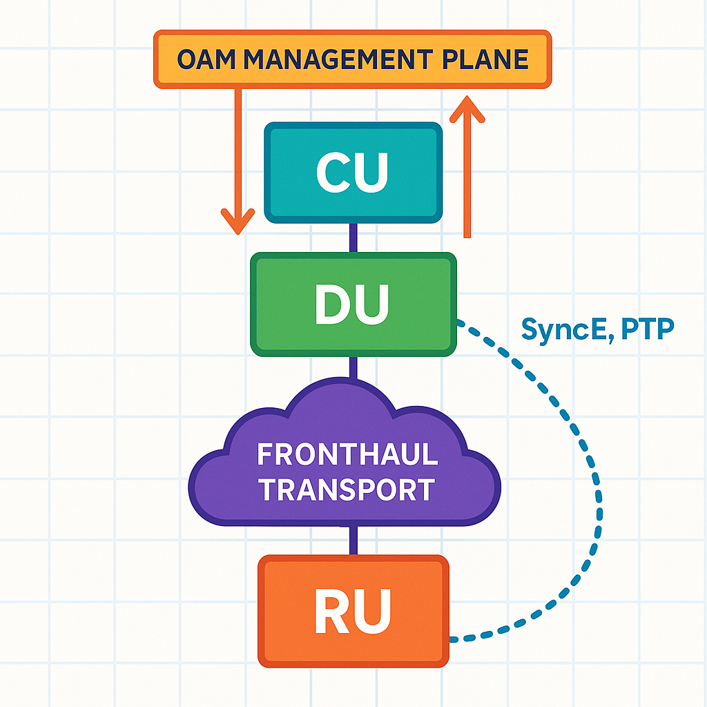 Clean vector illustration style: a layered diagram showing RU, DU, CU blocks connected by a fronthaul transport cloud, timing