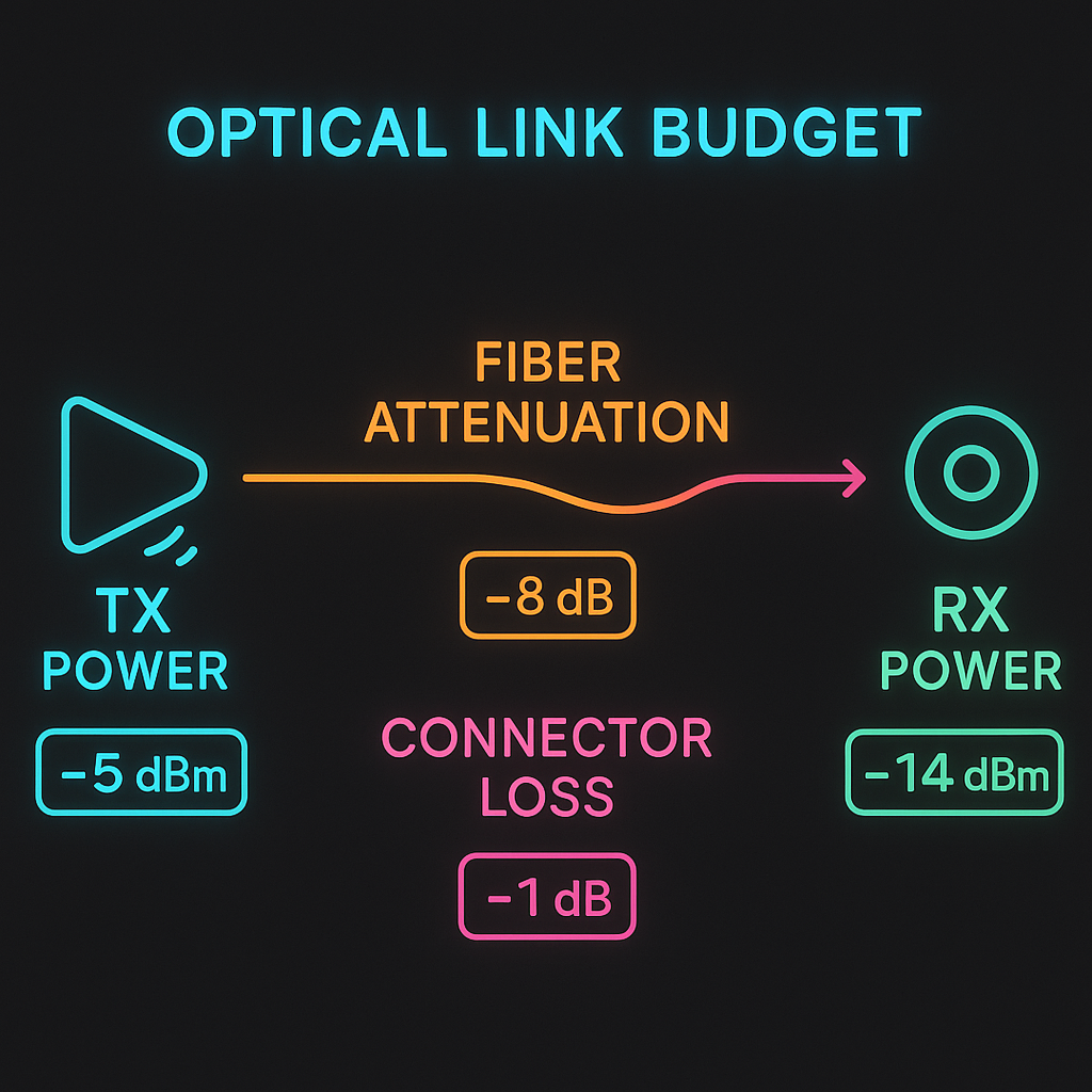 Illustrated concept art showing a simplified optical link budget diagram with arrows for Tx power, fiber attenuation, connect