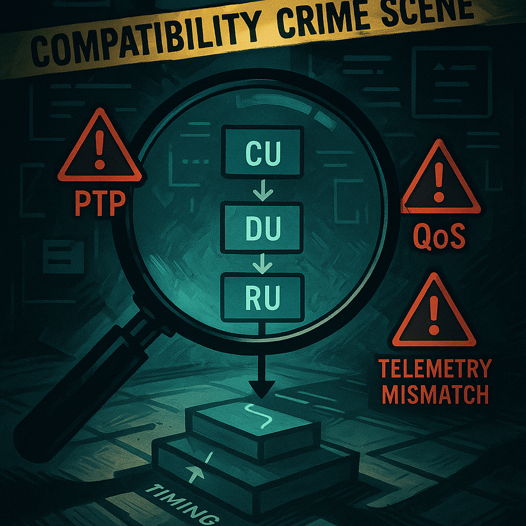 Concept art style: a “compatibility crime scene” illustration with a magnifying glass over a layered network diagram showing 