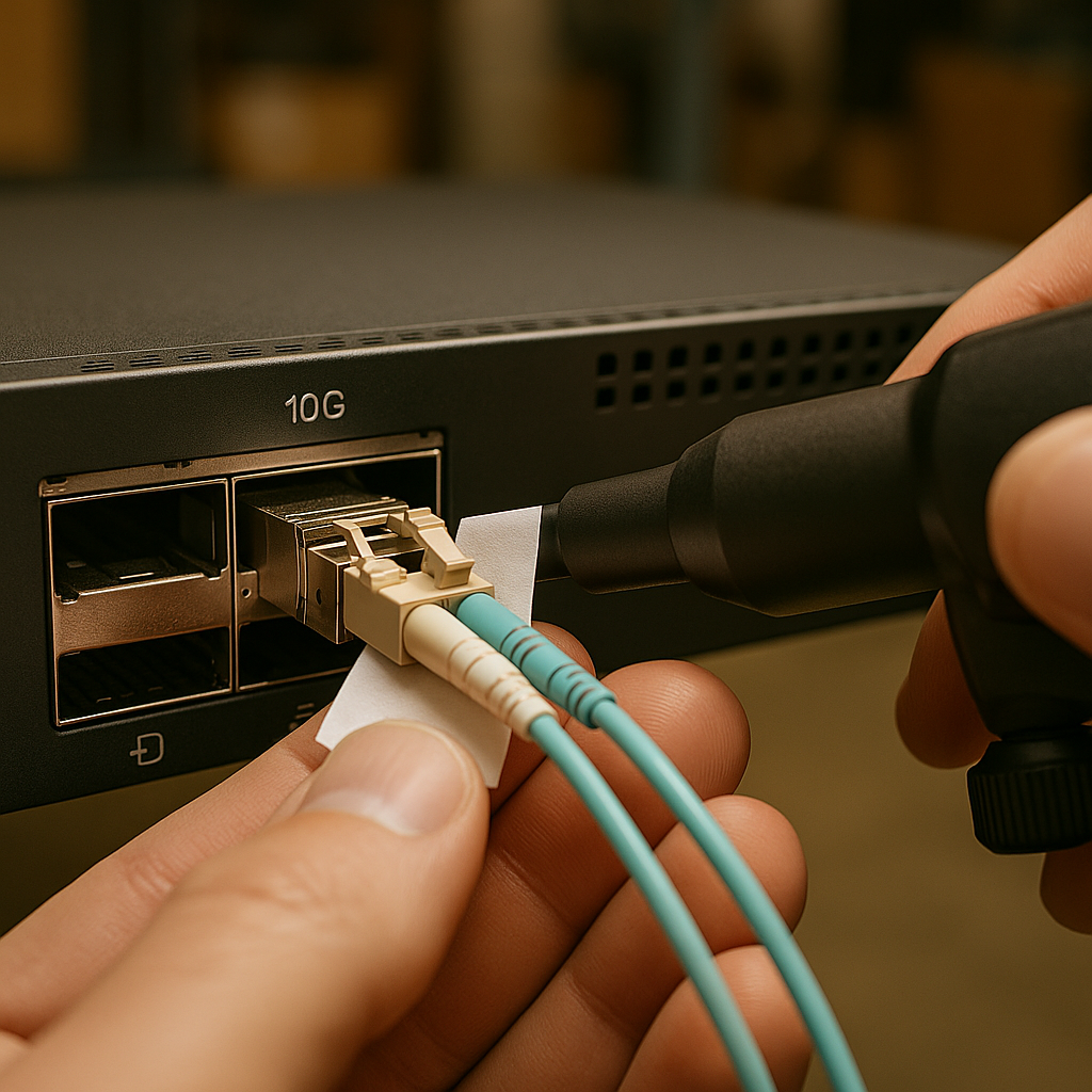 Close-up photography of an open 10G switch transceiver cage with a LC duplex fiber connected, showing a technician using a fi